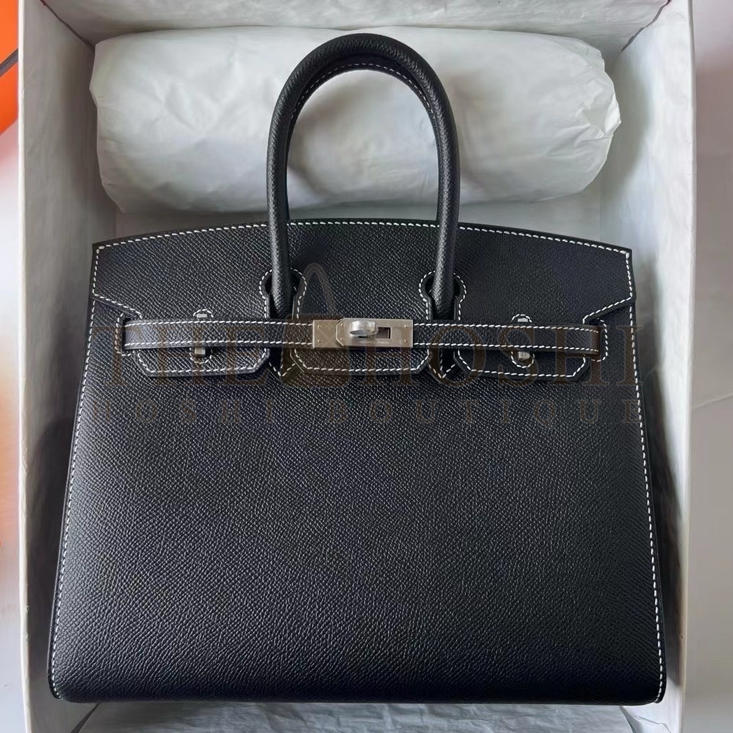 H**me5 Birkin 25 Sellier Handmade Bag In Noir Epsom Calfskin Master Quality