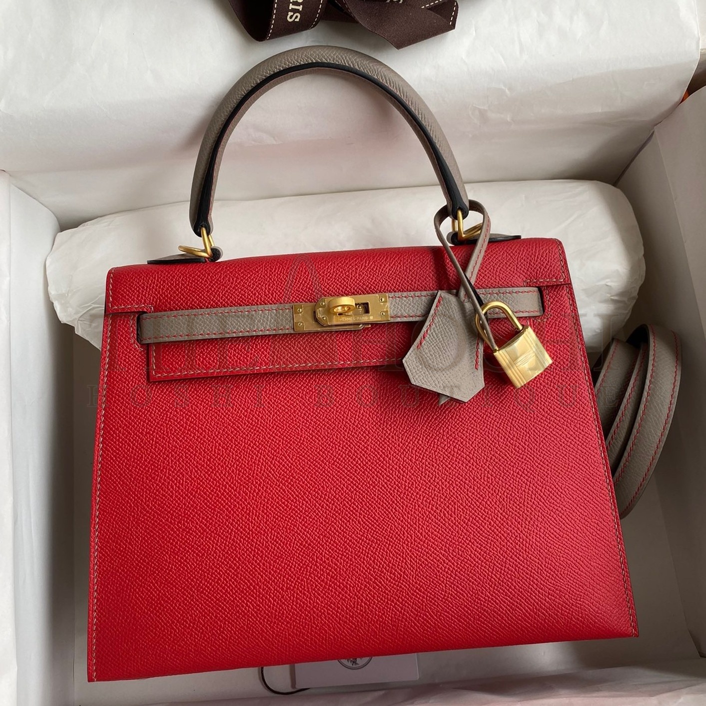 H**me5 Kelly Sellier 25 Bicolor Bag in Red and Etain Epsom Calfskin Master Quality