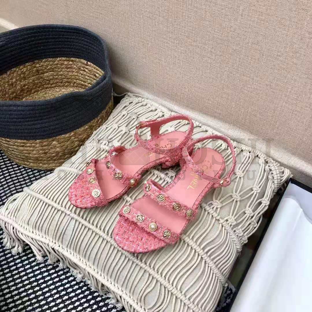 Ch**el Women Sandals Cotton Tweed &amp; Jewelry Coral &amp; Pink 2.5 cm Heel Master Quality