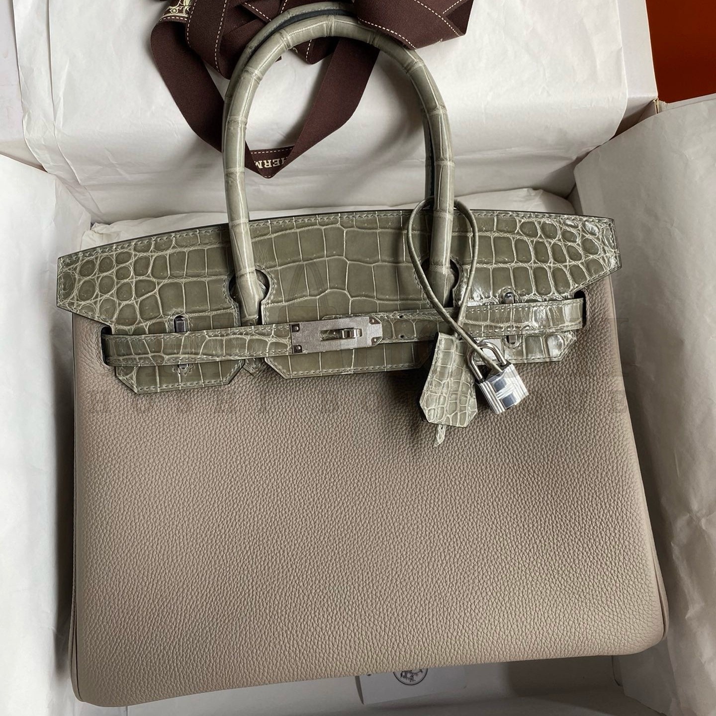 H**me5 Touch Birkin 30 Bag In Gris Asphalt Clemence and Shiny Niloticus Crocodile Skin Master Quality