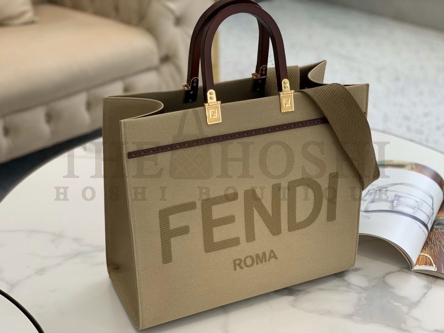 F**di Sunshine Medium Tote Bag In Beige Canvas Master Quality