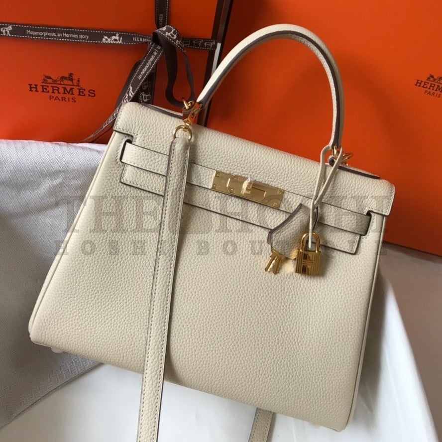H**me5 Kelly 25cm Retourne Bag in Craie Clemence Leather GHW Master Quality