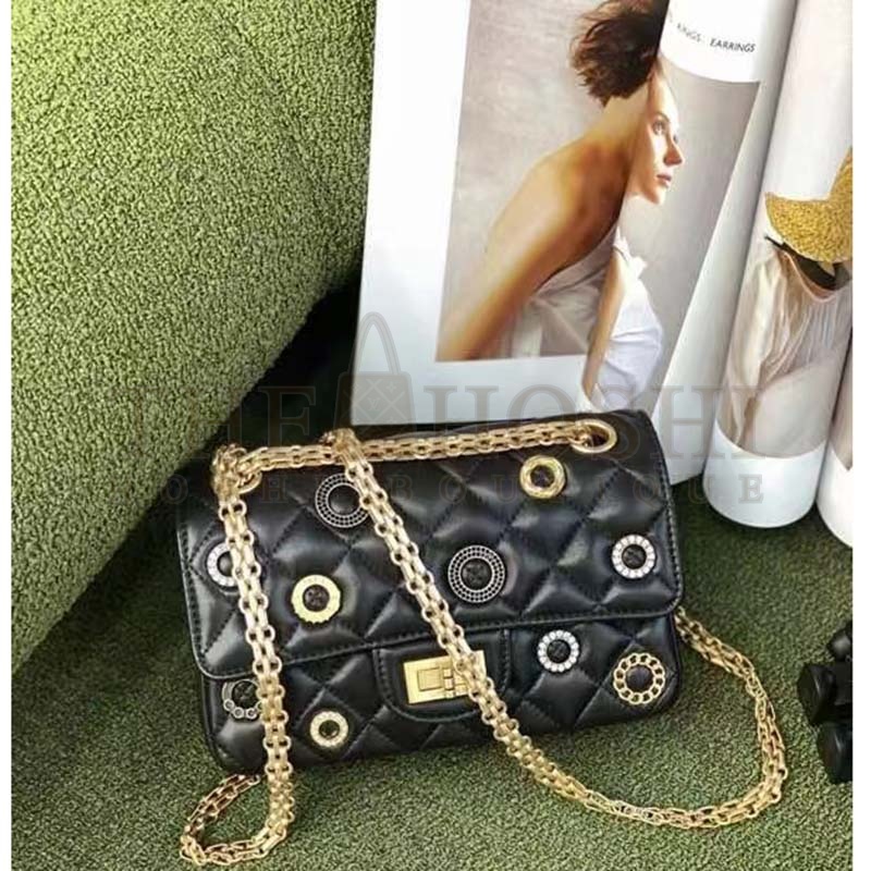 Ch**el Women CC 2.55 Handbag Calfskin Strass Glass Pearls Gold Silver Tone Black Master Quality