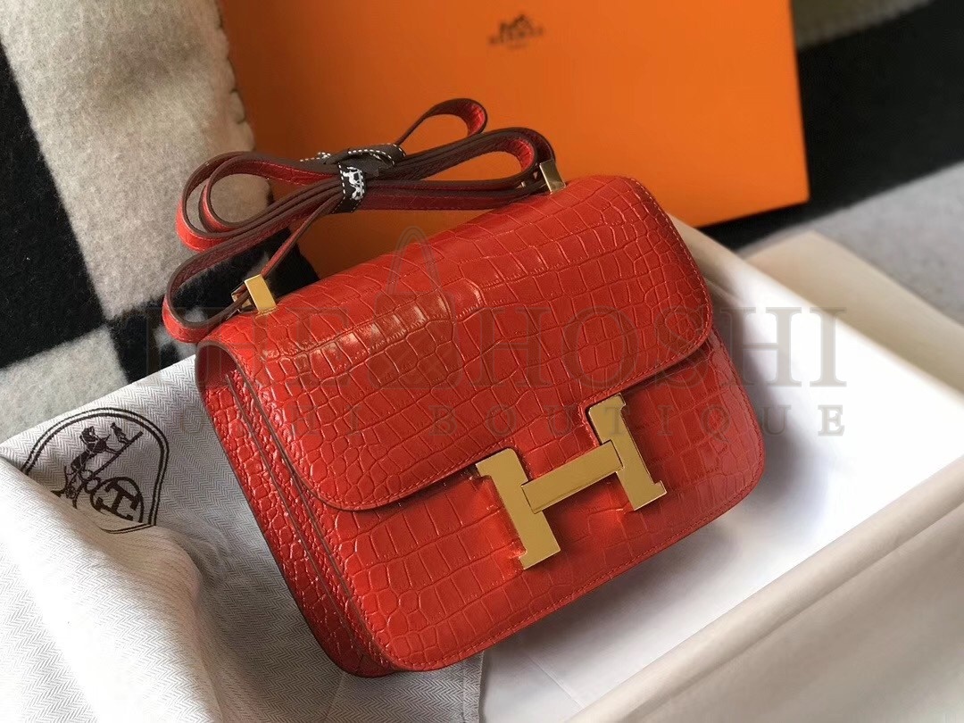 H**me5 Constance 24cm Bag In Red Embossed Crocodile Master Quality