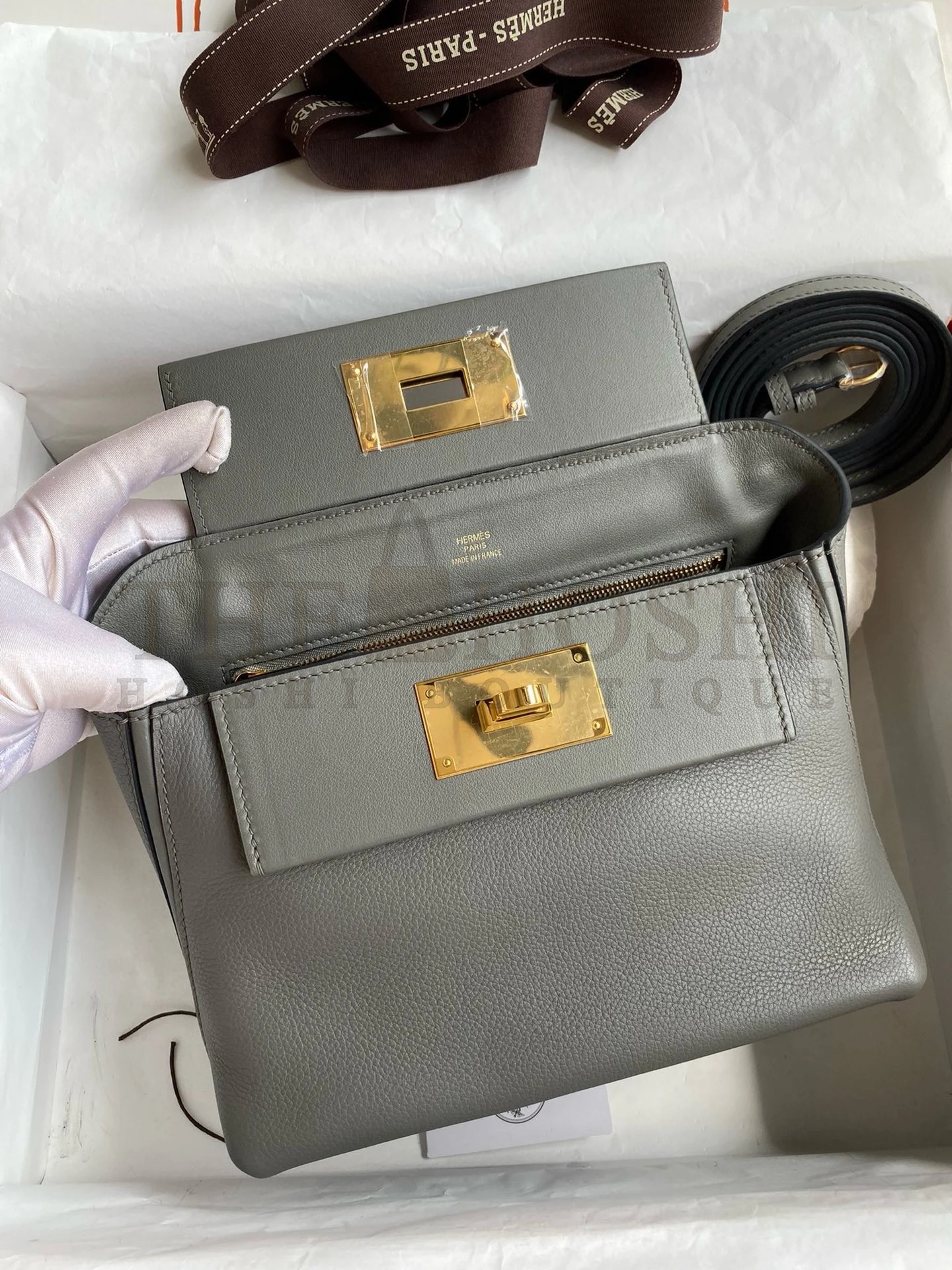 H**me5 24/24 Mini 21 Handmade Bag in Gris Meyer Evercolor Leather Master Quality