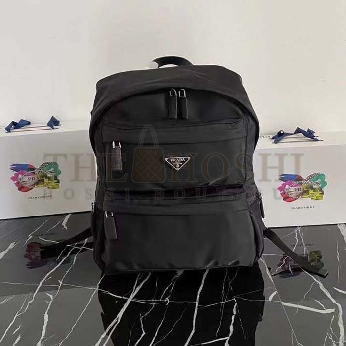 Pra*a Unisex Re-Nylon Saffiano Leather Backpack Black Fabric Zipper Master Quality