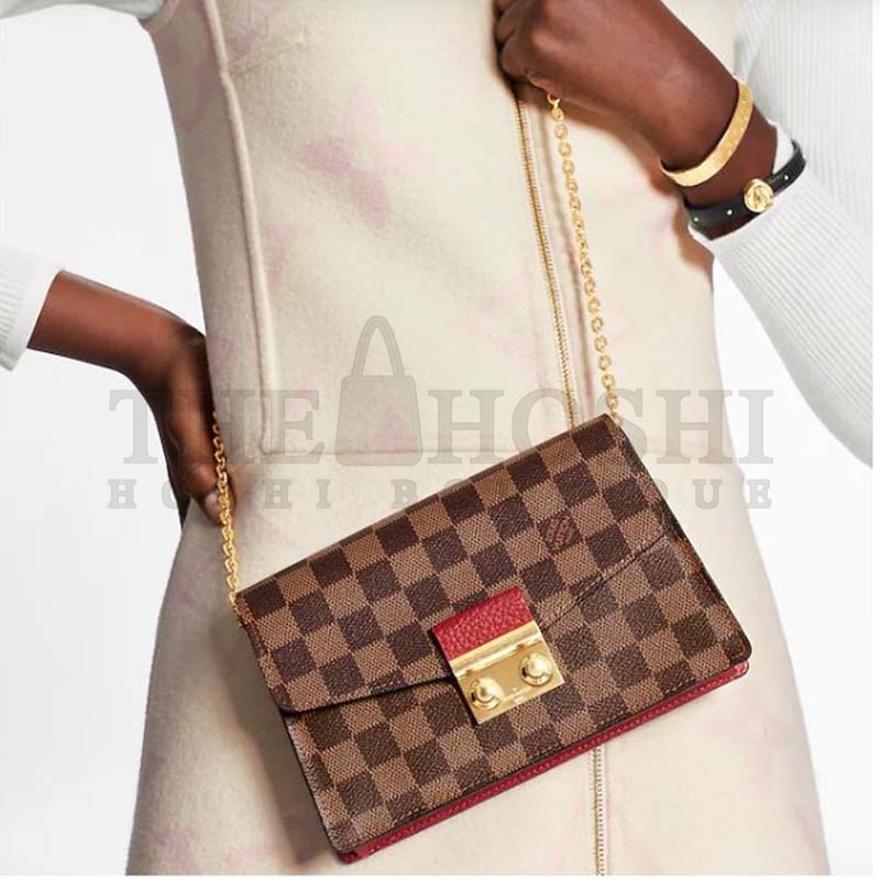 L0vis Vvtt0n LV Women Croisette Chain Wallet Scarlet Red Damier Ebene Coated Canvas Master Quality