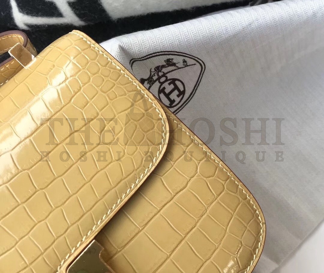 H**me5 Constance 24cm Bag In Jaune Poussin Embossed Crocodile Master Quality