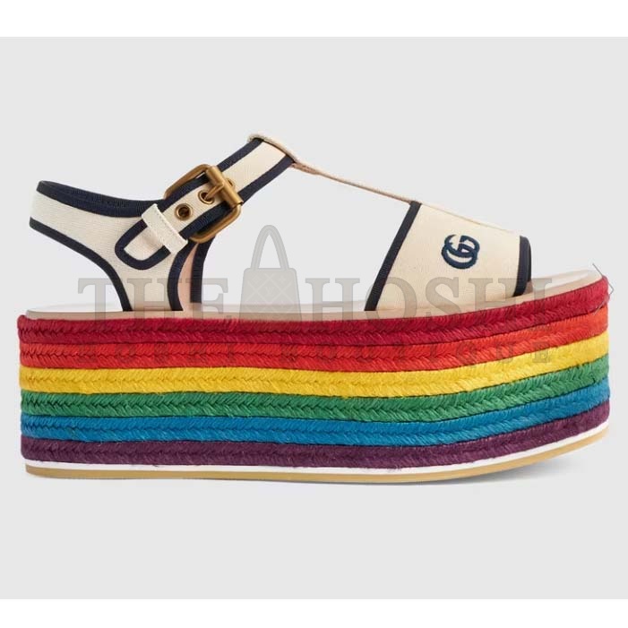 Gvc*1 Women G2 Platform Sandals White Cotton Double G Embroidery 7 Cm Heel Master Quality