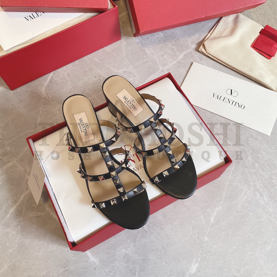 Va1e*ntin0 Rockstud Slide Sandals 60mm In Black Calfskin Master Quality