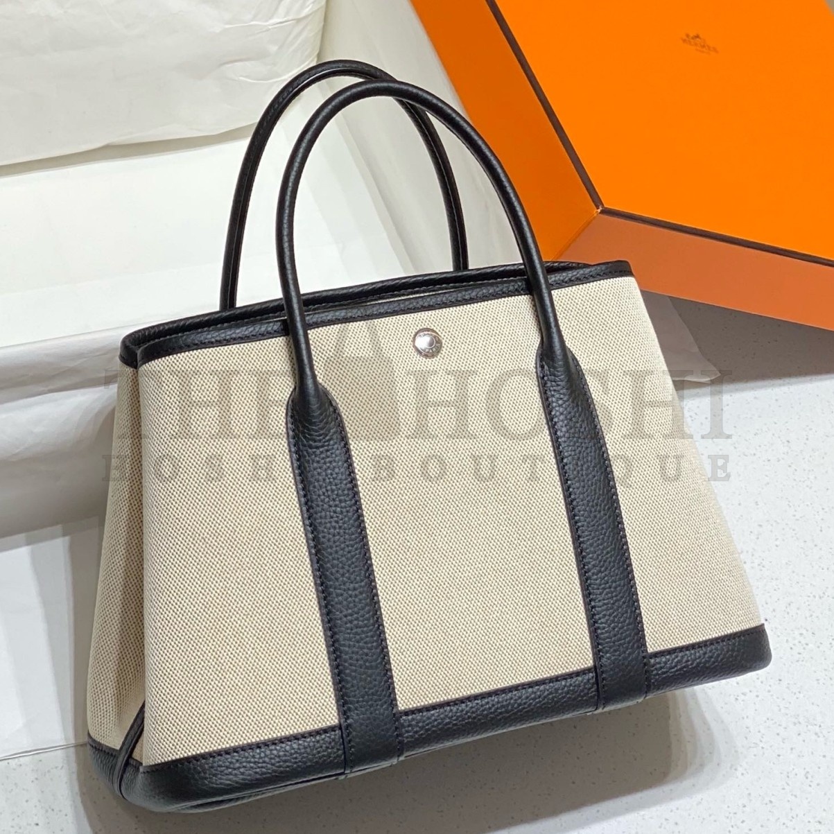 H**me5 Garden Party 30cm Bag in Toile and Black Leather Master Quality