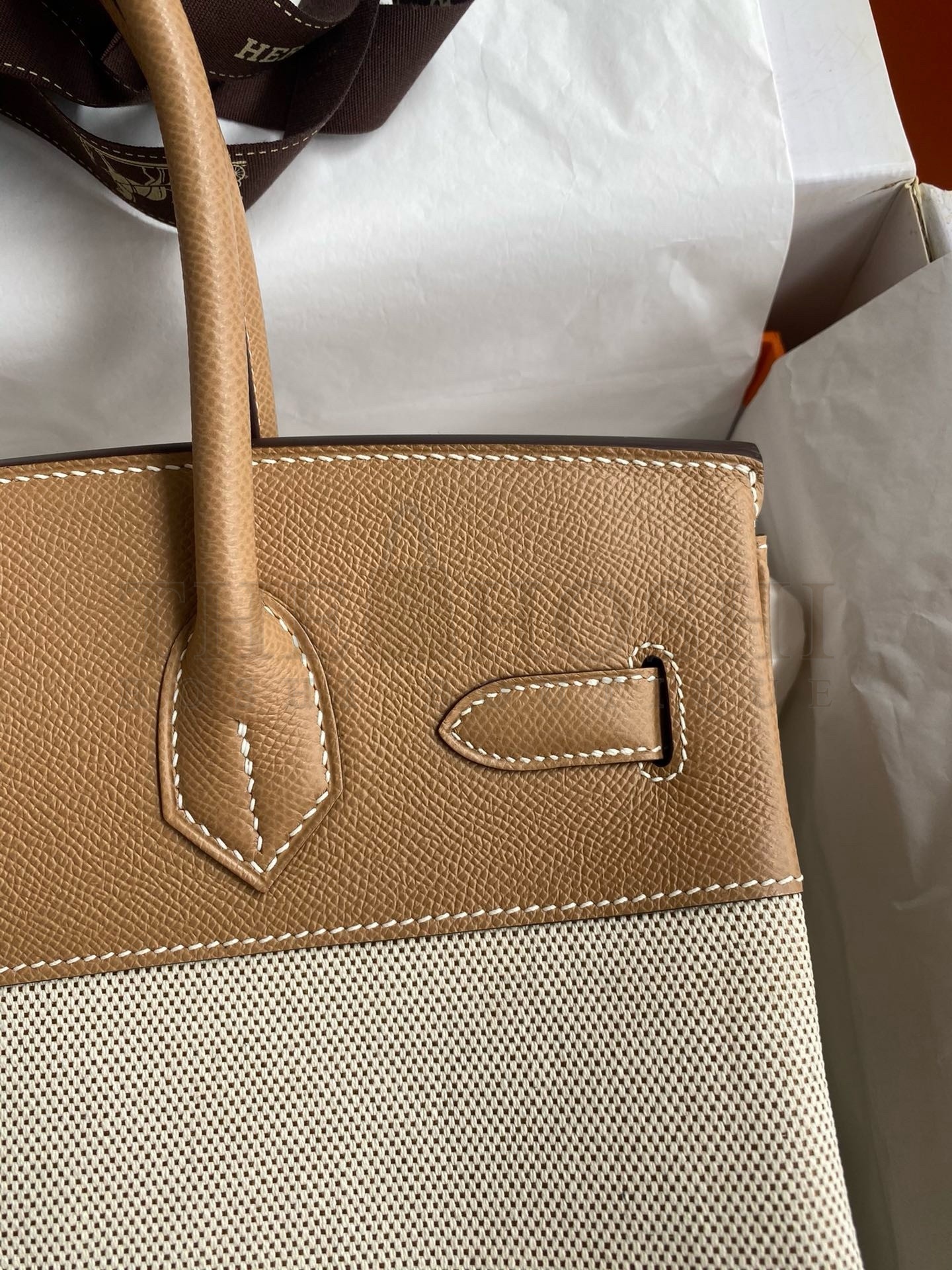 H**me5 Birkin 30 Handmade Bag In Toile &amp; Chai Epsom Leather Master Quality