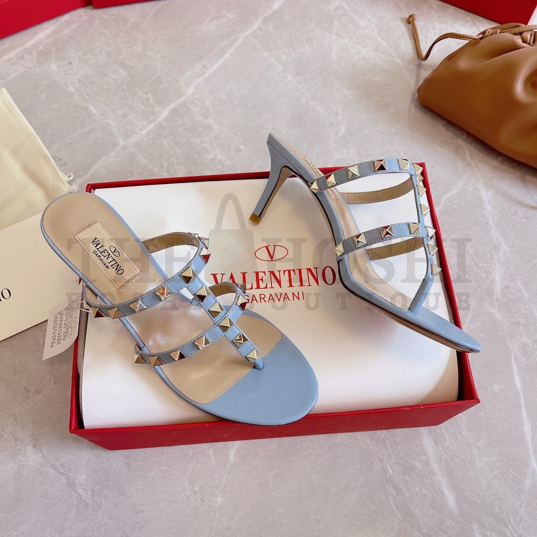 Va1e*ntin0 Rockstud Flip Flop Sandals 50mm In Blue Calfskin Master Quality