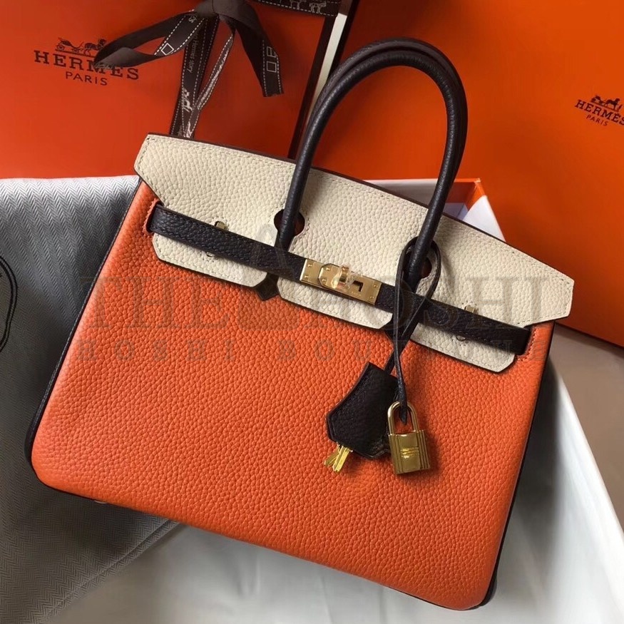 H**me5 Tri-Color Birkin 25cm Bag In Orange/White/Black Clemence Leather Master Quality
