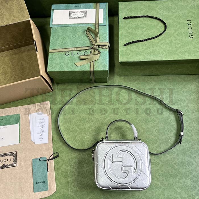 Gvc*1 Women GG Blondie Top Handle Bag Metallic Silver Leather Round Interlocking G Master Quality