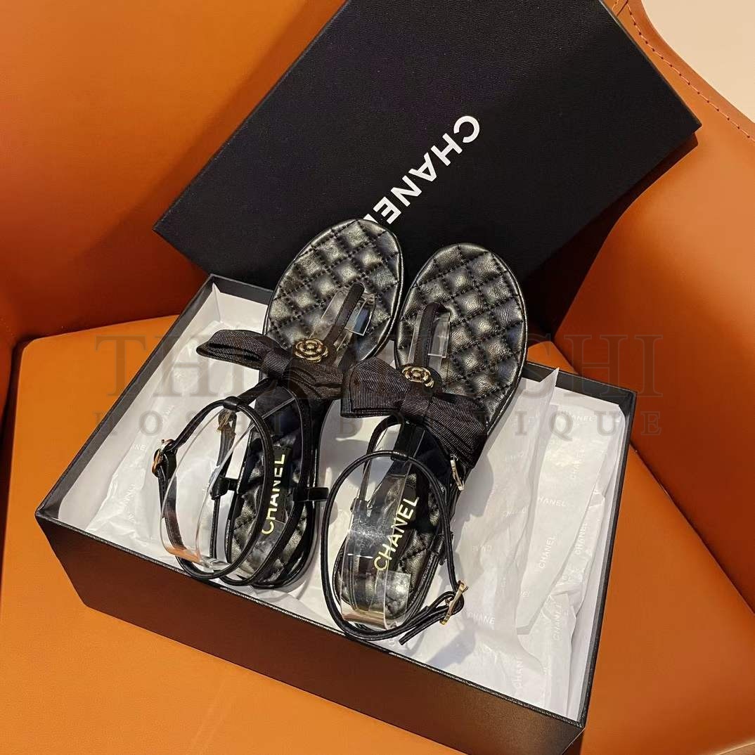 Ch**el Women CC Sandals Grosgrain Black 1 CM Heel Master Quality