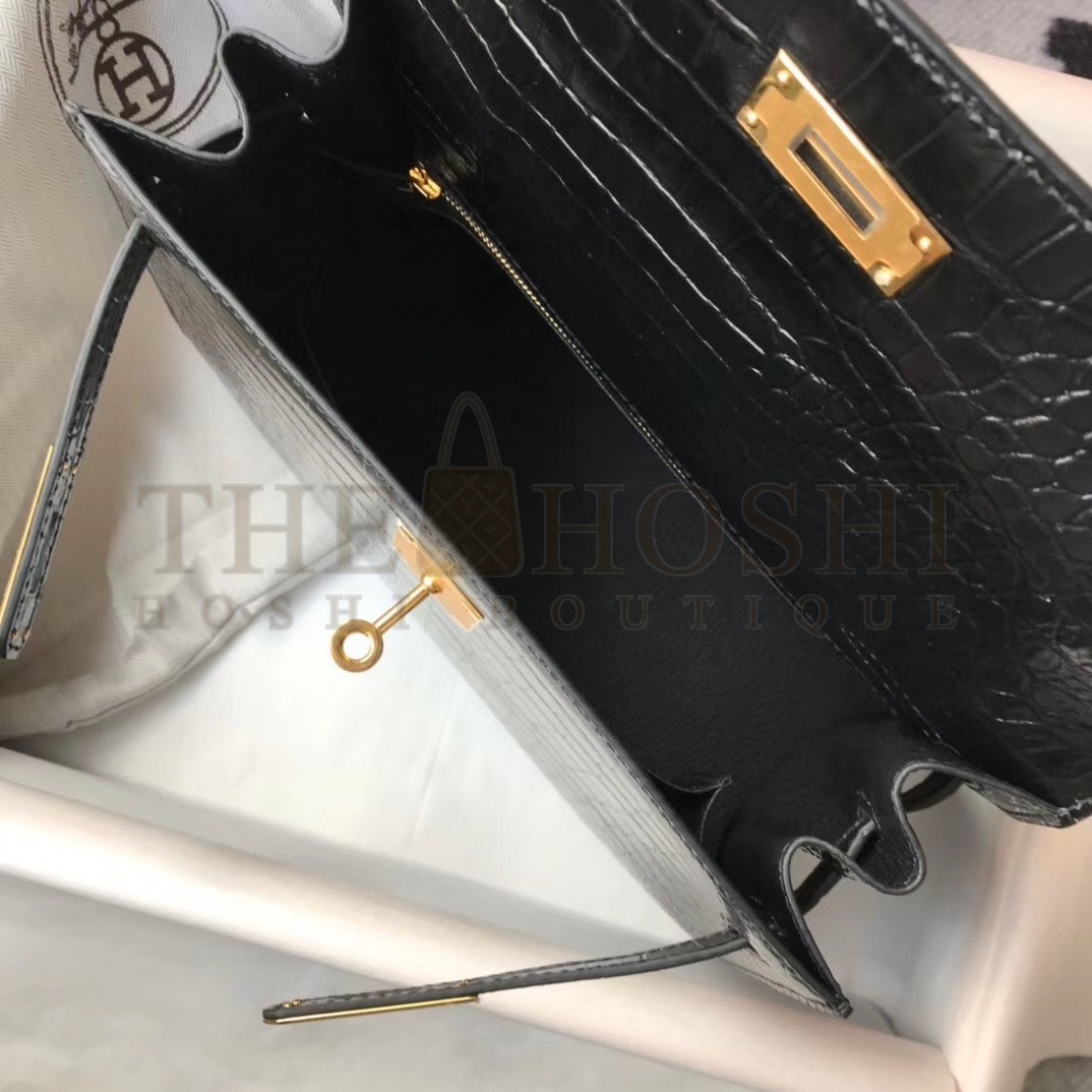 H**me5 Kelly 28cm Bag In Black Embossed Crocodile GHW Master Quality