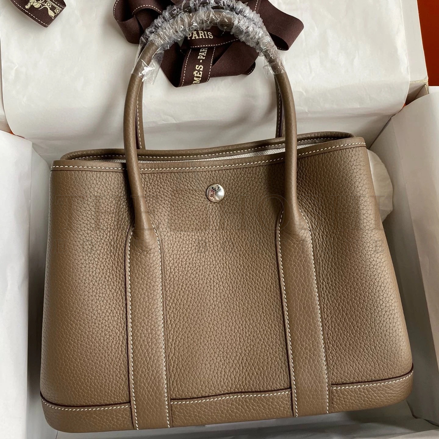 H**me5 Garden Party 30 Handmade Bag in Taupe Clemence Leather Master Quality