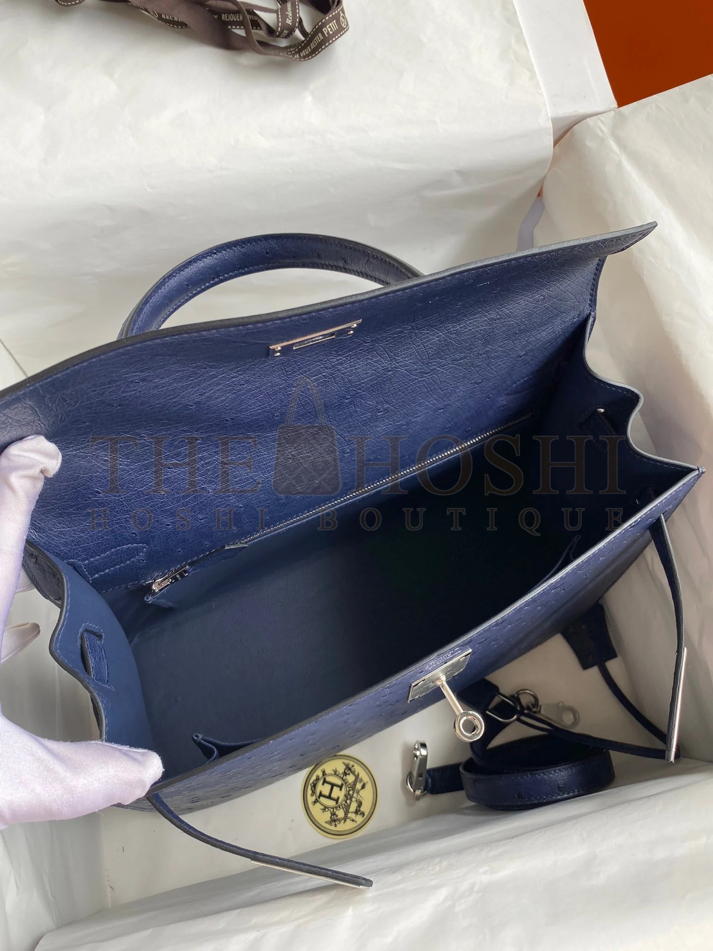 H**me5 Kelly Sellier 32 Handmade Bag In Blue Iris Ostrich Leather Master Quality