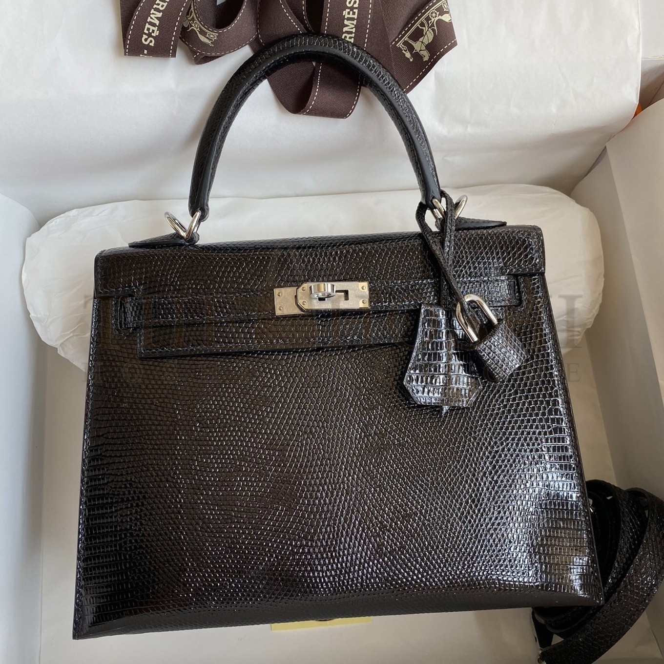 H**me5 Kelly Sellier 25 Handmade Bag In Black Lizard Leather Master Quality