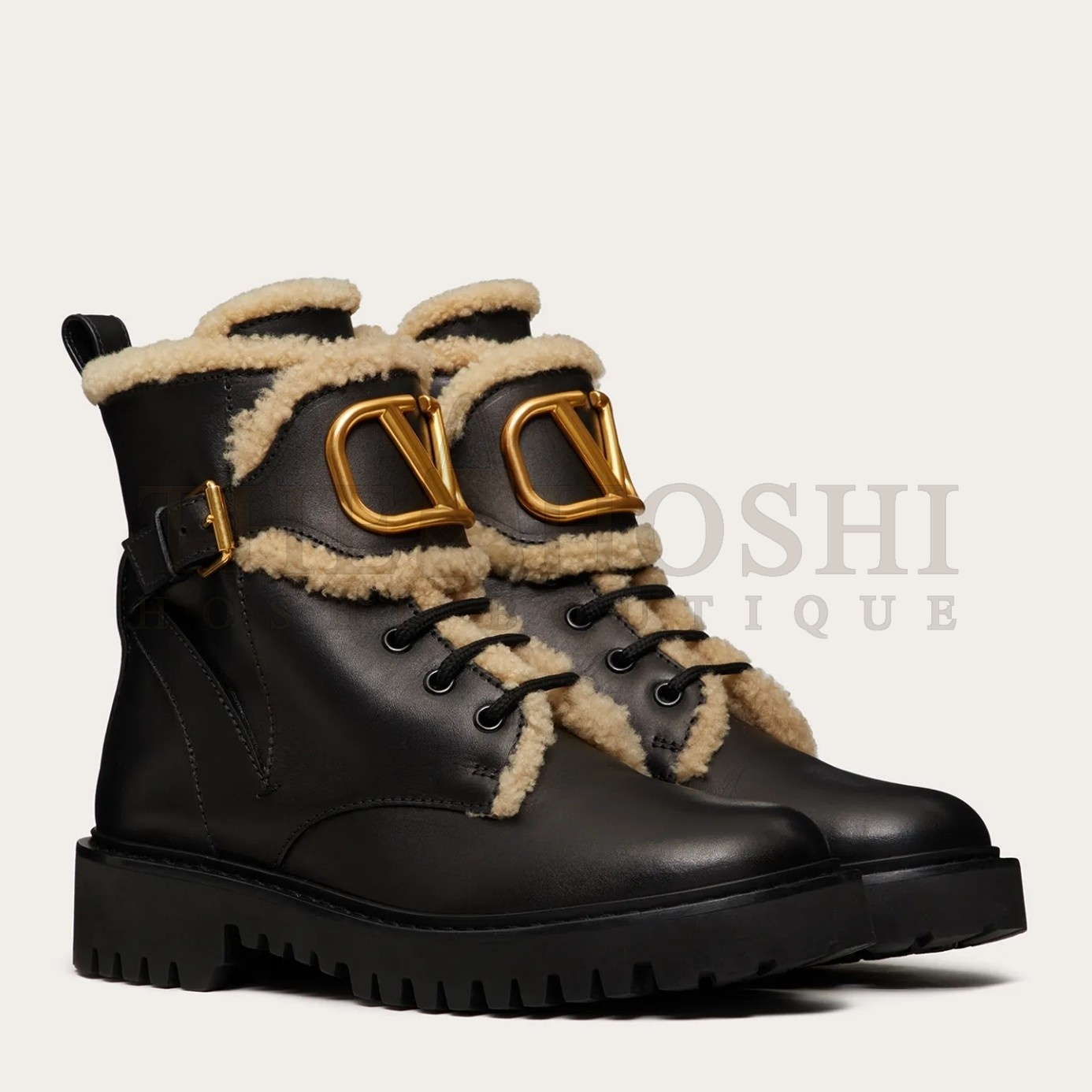 Va1e*ntin0 VLogo Combat Boots In Calfskin and Shearling Master Quality