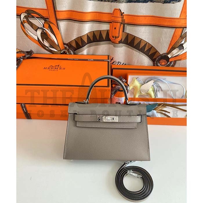H**me5 Women Mini Kelly 20 Bag Epsom Leather Silver Hardware-Grey Master Quality