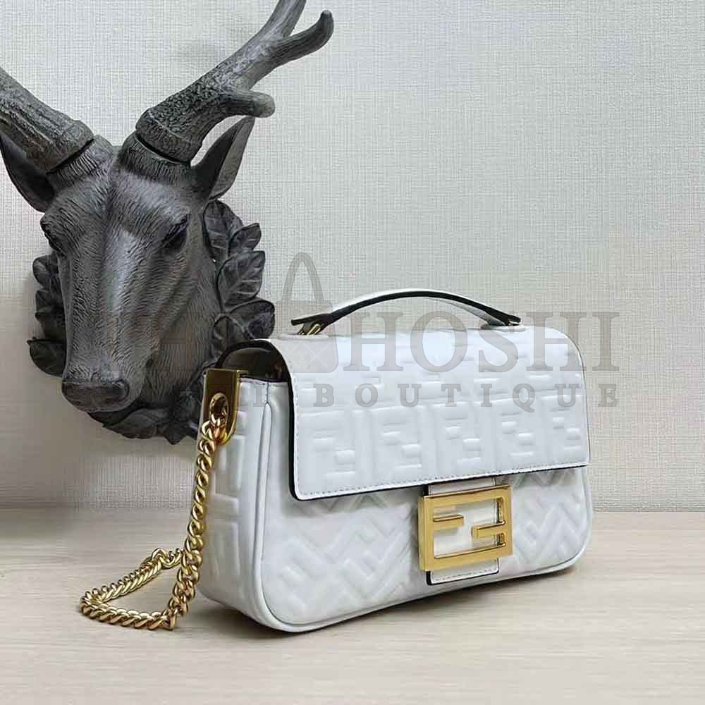 F**di Women Baguette Chain Midi Light Gray Leather Bag-White Master Quality