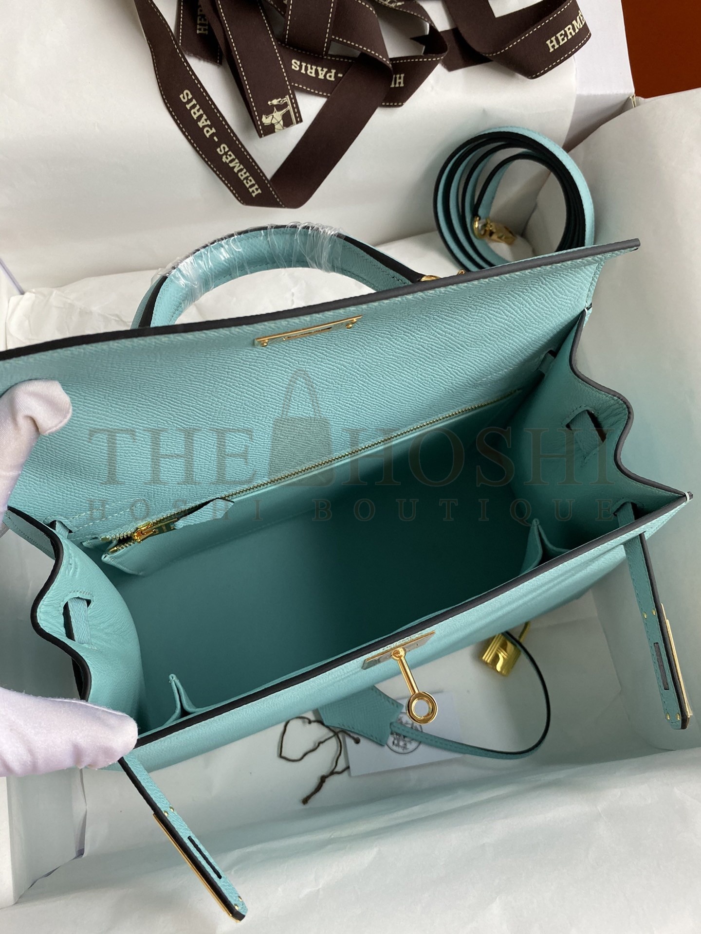 H**me5 Kelly Sellier 28 Handmade Bag In Blue Atoll Epsom Calfskin Master Quality