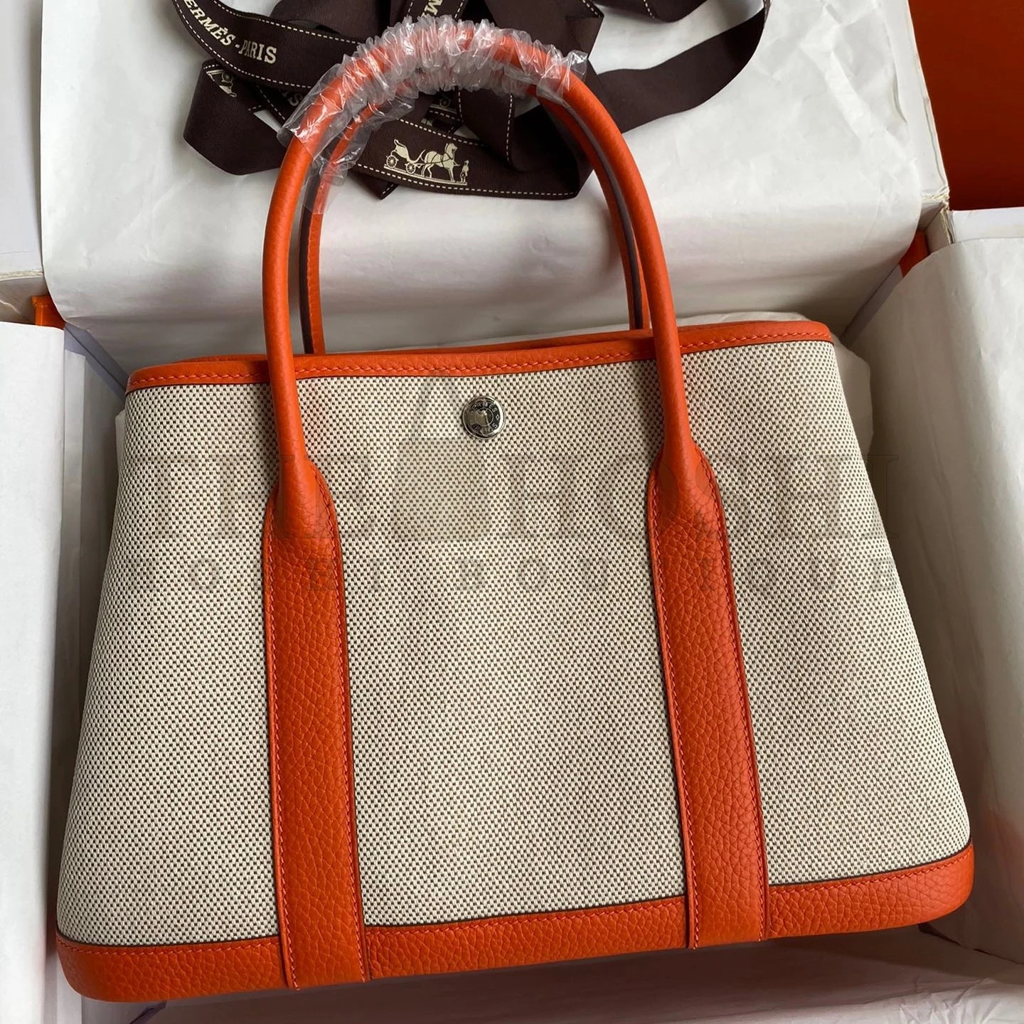 H**me5 Garden Party 30 Handmade Bag in Toile and Orange Leather Master Quality