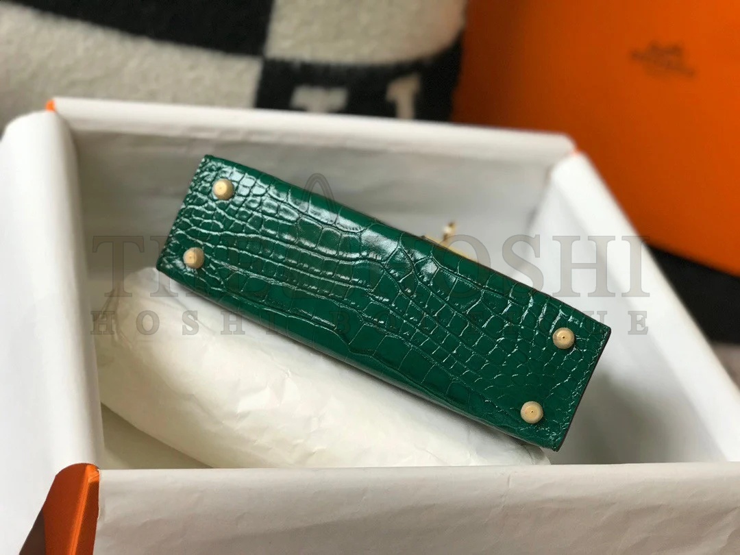 H**me5 Kelly Mini II Sellier Bag In Green Crocodile Embossed Leather Master Quality