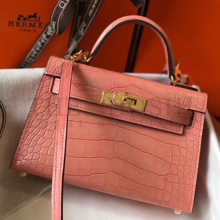 H**me5 Kelly Mini II Bag In Pink Crocodile Embossed Leather Master Quality