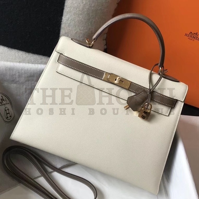H**me5 Bi-color Kelly 32cm Epsom Bag White/Taupe GHW Master Quality