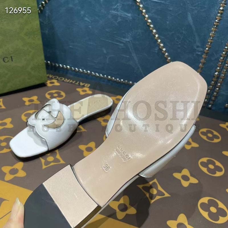 Gvc*1 Unisex Interlocking G Cut-Out Slide Sandals White Leather Flat 1 cm Heel Master Quality