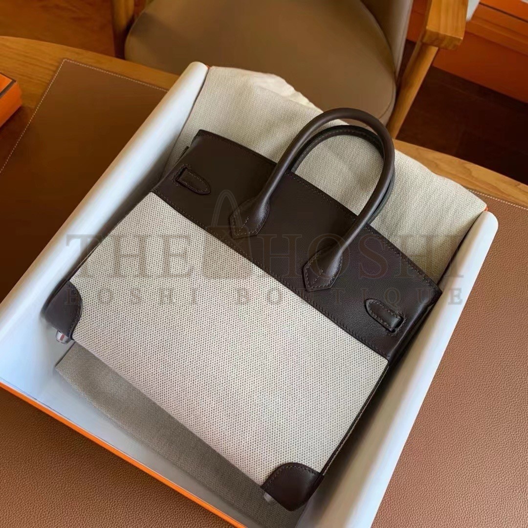 H**me5 Birkin 25 Handmade Bag In Toile & Chocolat Swift Leather Master Quality