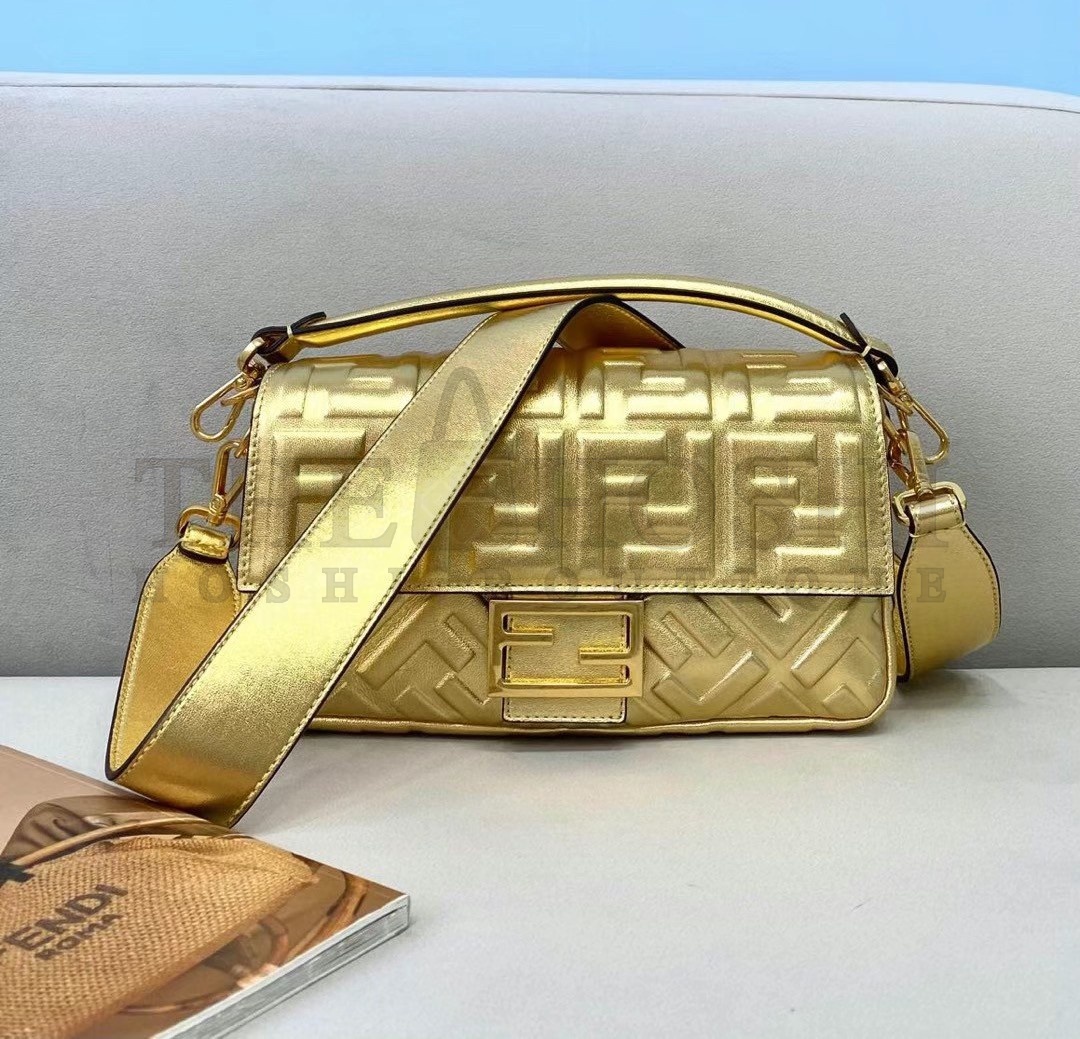 F**di Medium Baguette Bag In Gold FF Metallic Leather Master Quality
