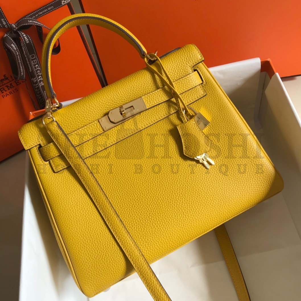 H**me5 Kelly 32cm Retourne Bag in Yellow Clemence Leather GHW Master Quality