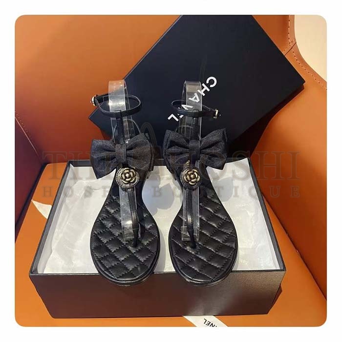 Ch**el Women CC Sandals Grosgrain Black 1 CM Heel Master Quality