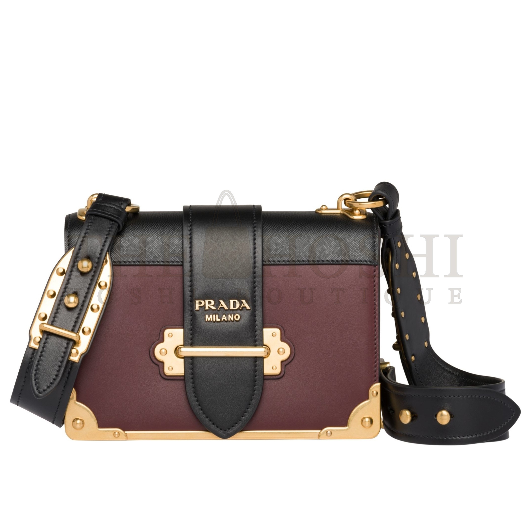 Pra*a Cahier Shoulder Bag In Bordeaux/Black Leather Master Quality