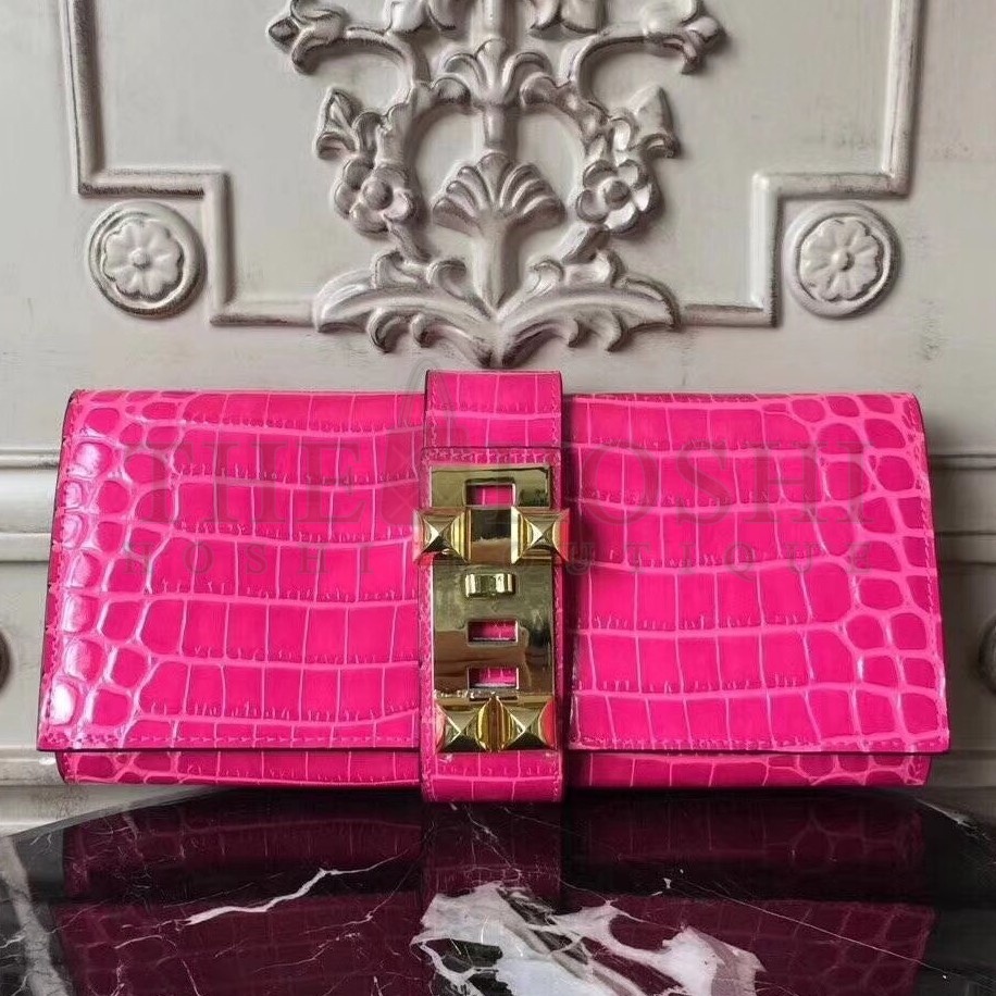 H**me5 Medor Clutch Bag In Rose Red Crocodile Leather Master Quality