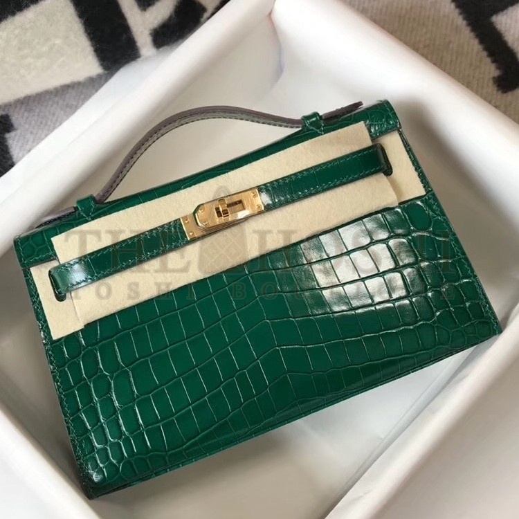 H**me5 Kelly Pochette Bag In Green Embossed Crocodile Leather Master Quality