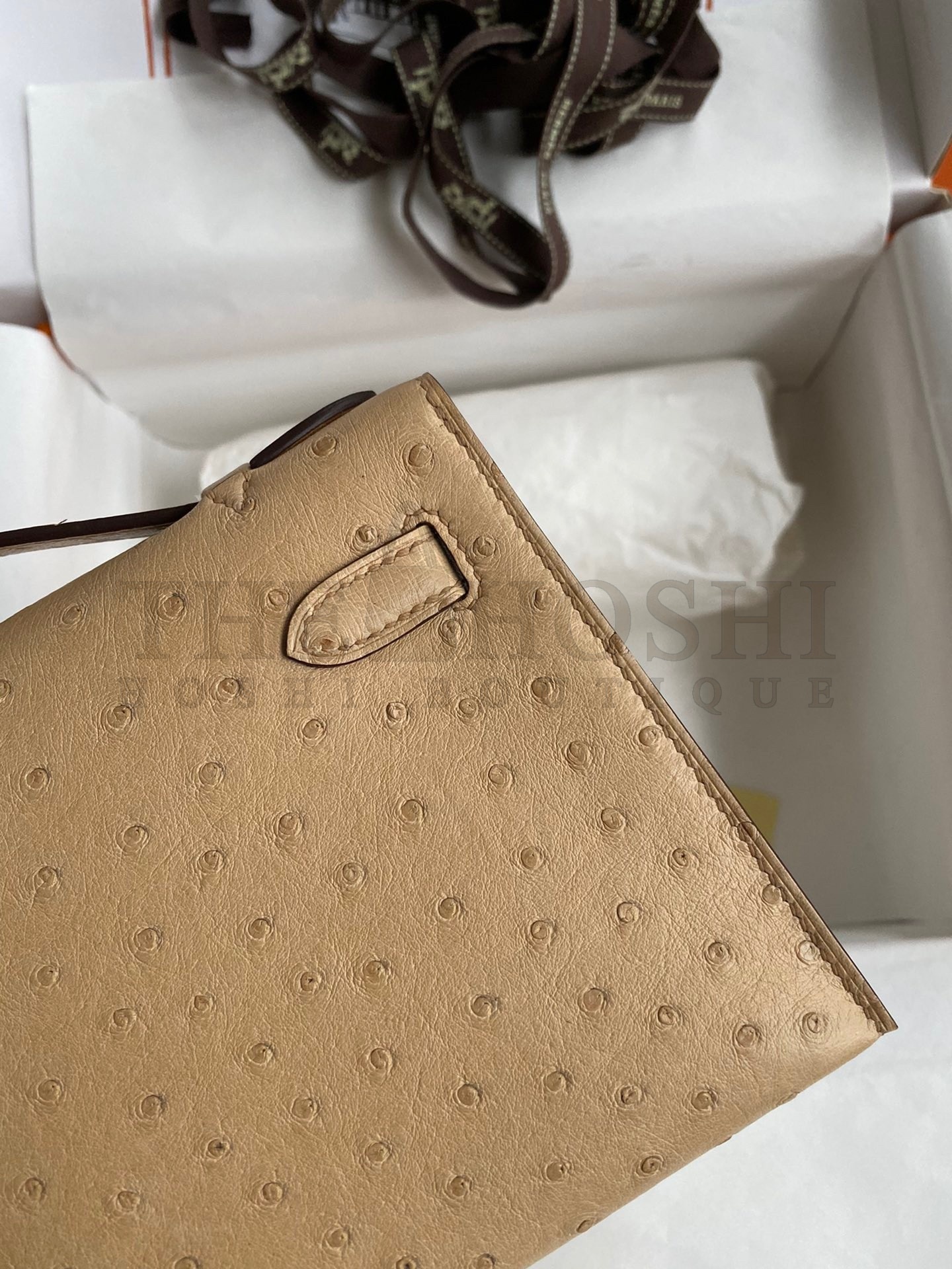 H**me5 Kelly Pochette Handmade Bag In Chai Ostrich Leather Master Quality