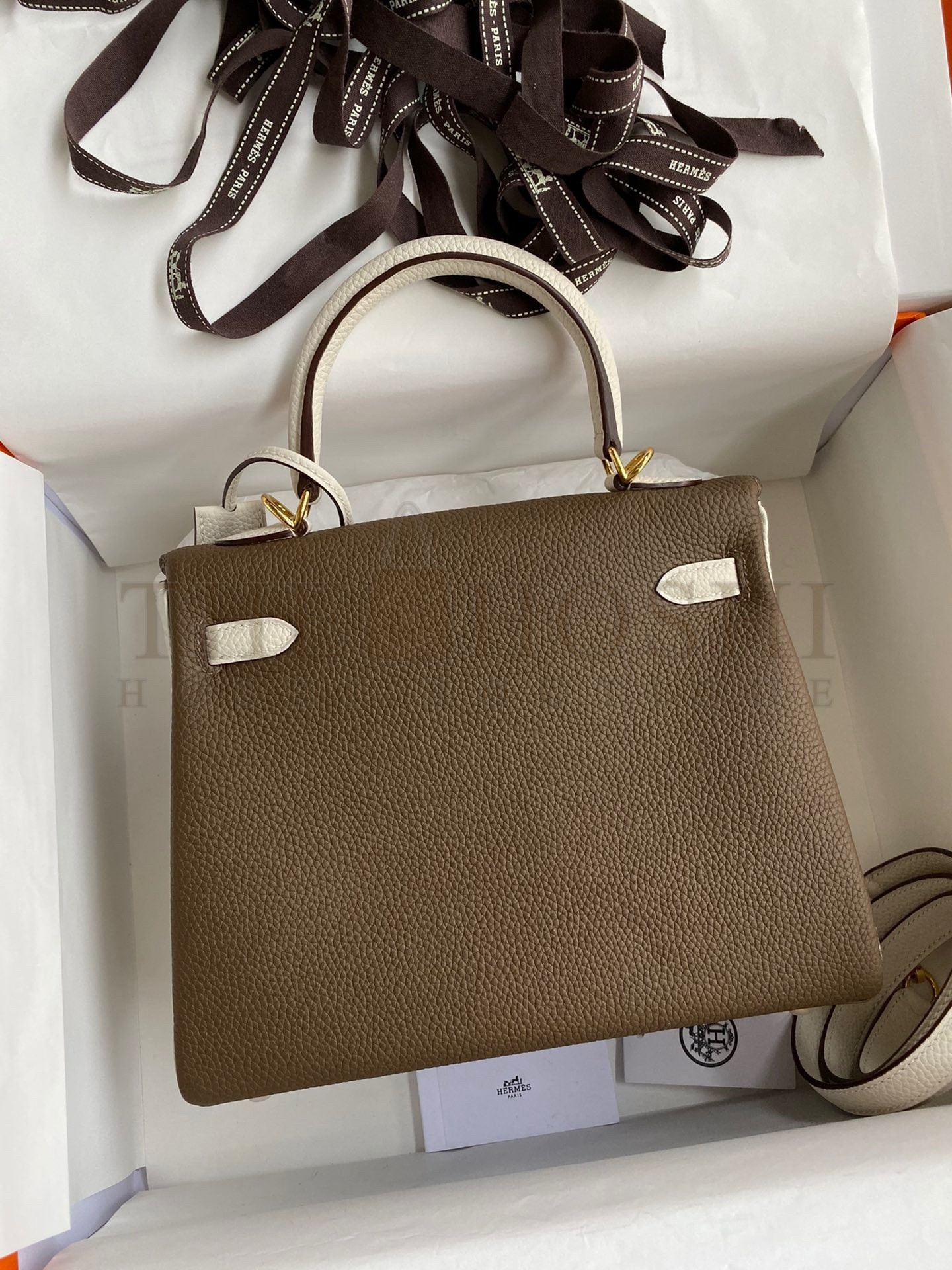 H**me5 Kelly Retourne 25 Bicolor Bag in Taupe and Craie Clemence Calfskin Master Quality