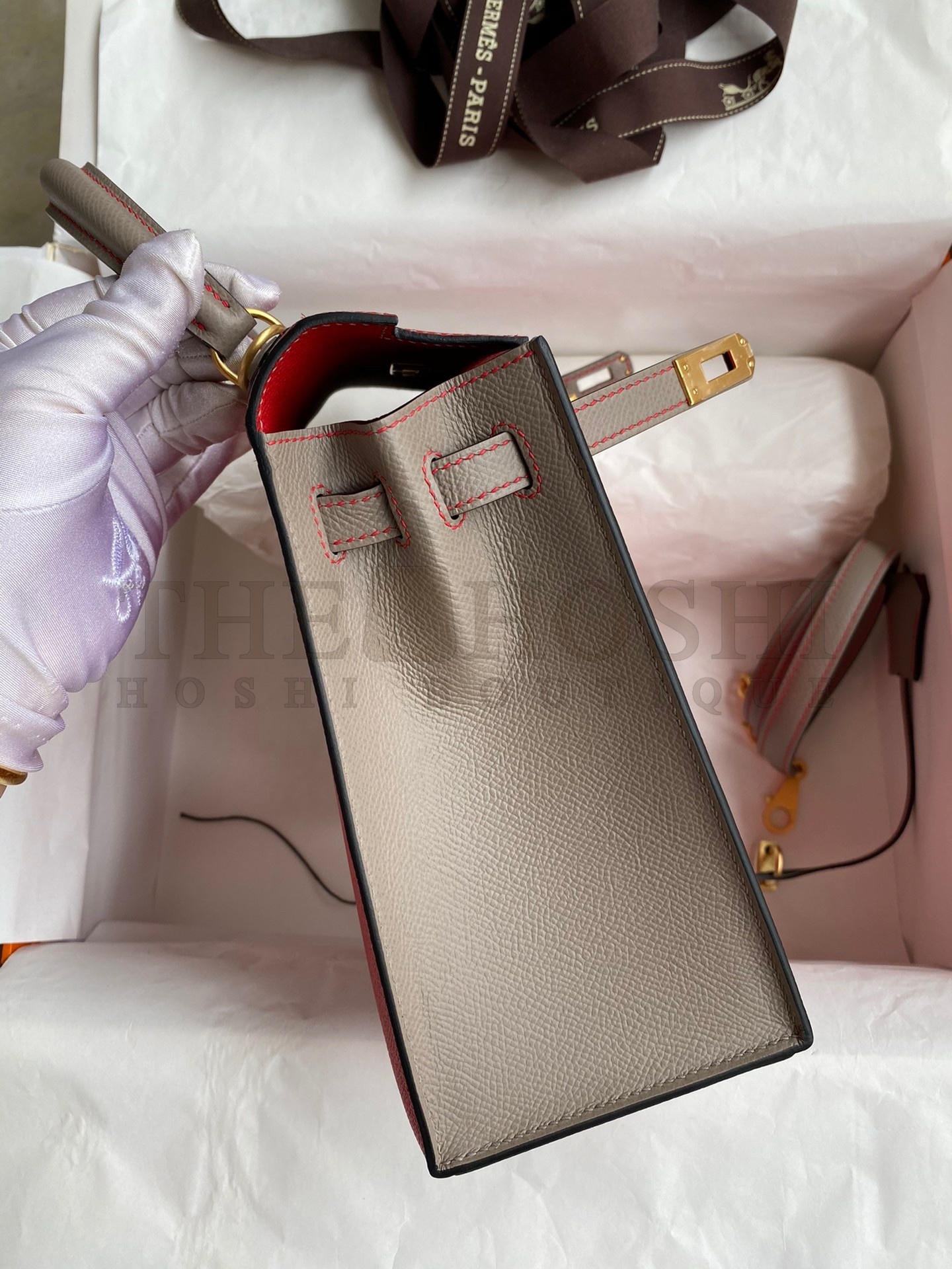 H**me5 Kelly Sellier 25 Bicolor Bag in Red and Etain Epsom Calfskin Master Quality