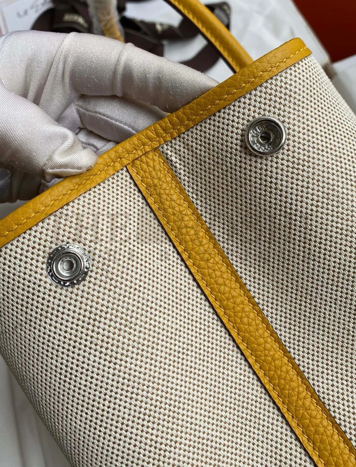 H**me5 Garden Party 30 Handmade Bag in Toile and Yellow Leather Master Quality