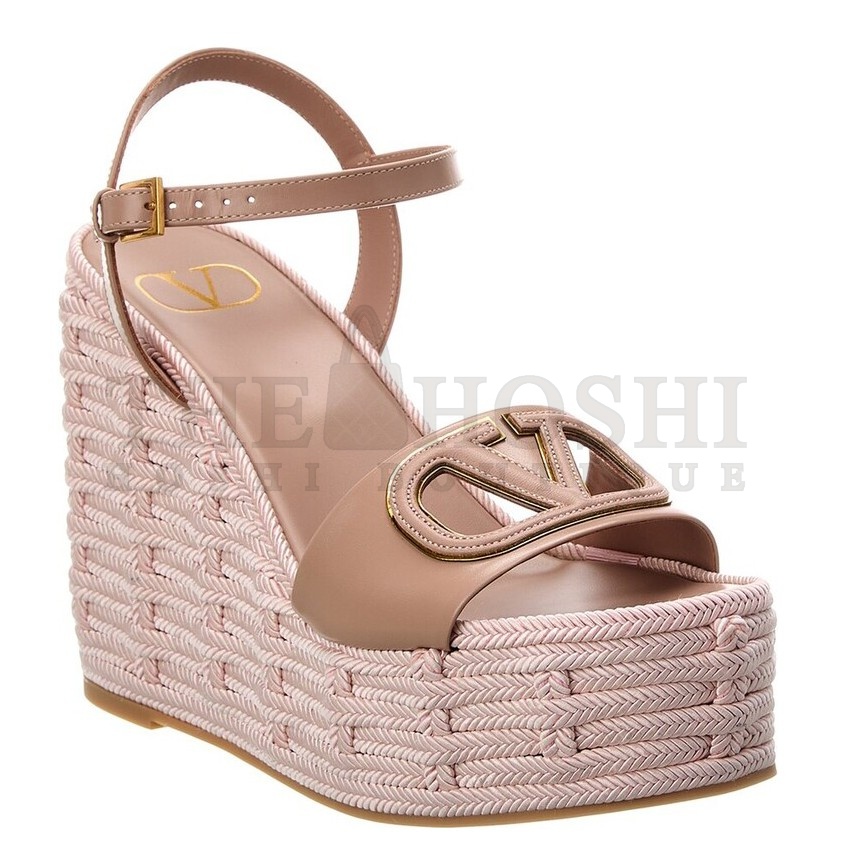 Va1e*ntin0 VLogo Cut-out Espadrille Wedge Sandals in Beige Leather Master Quality
