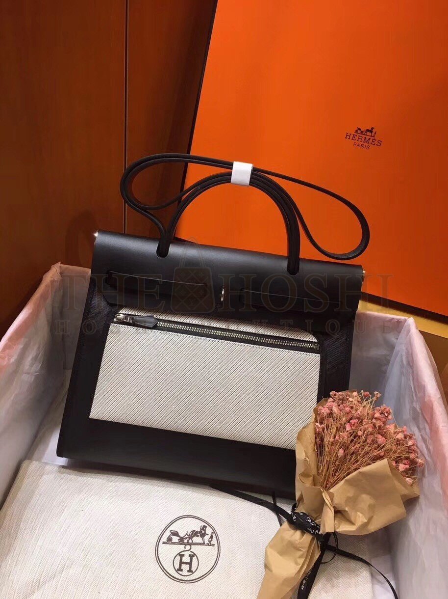 H**me5 Herbag Zip 31cm Bag In Black Leather And Toile Master Quality