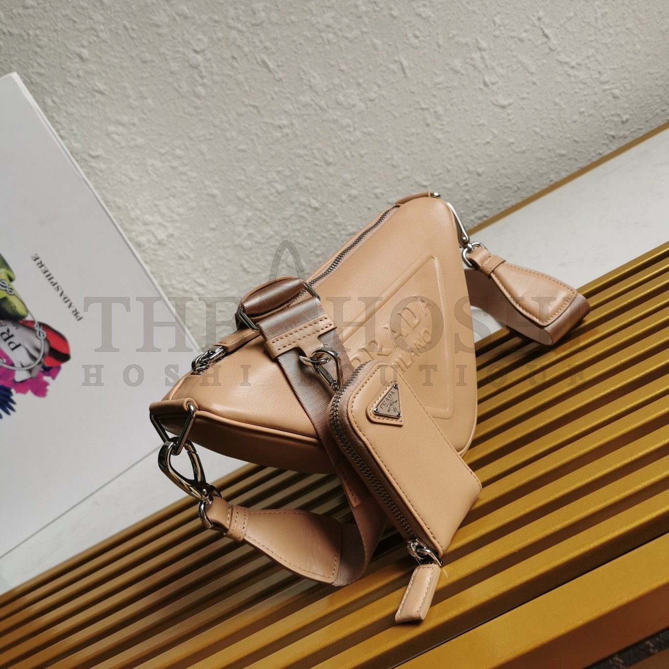 Pra*a Triangle Shoulder Bag In Beige Leather Master Quality