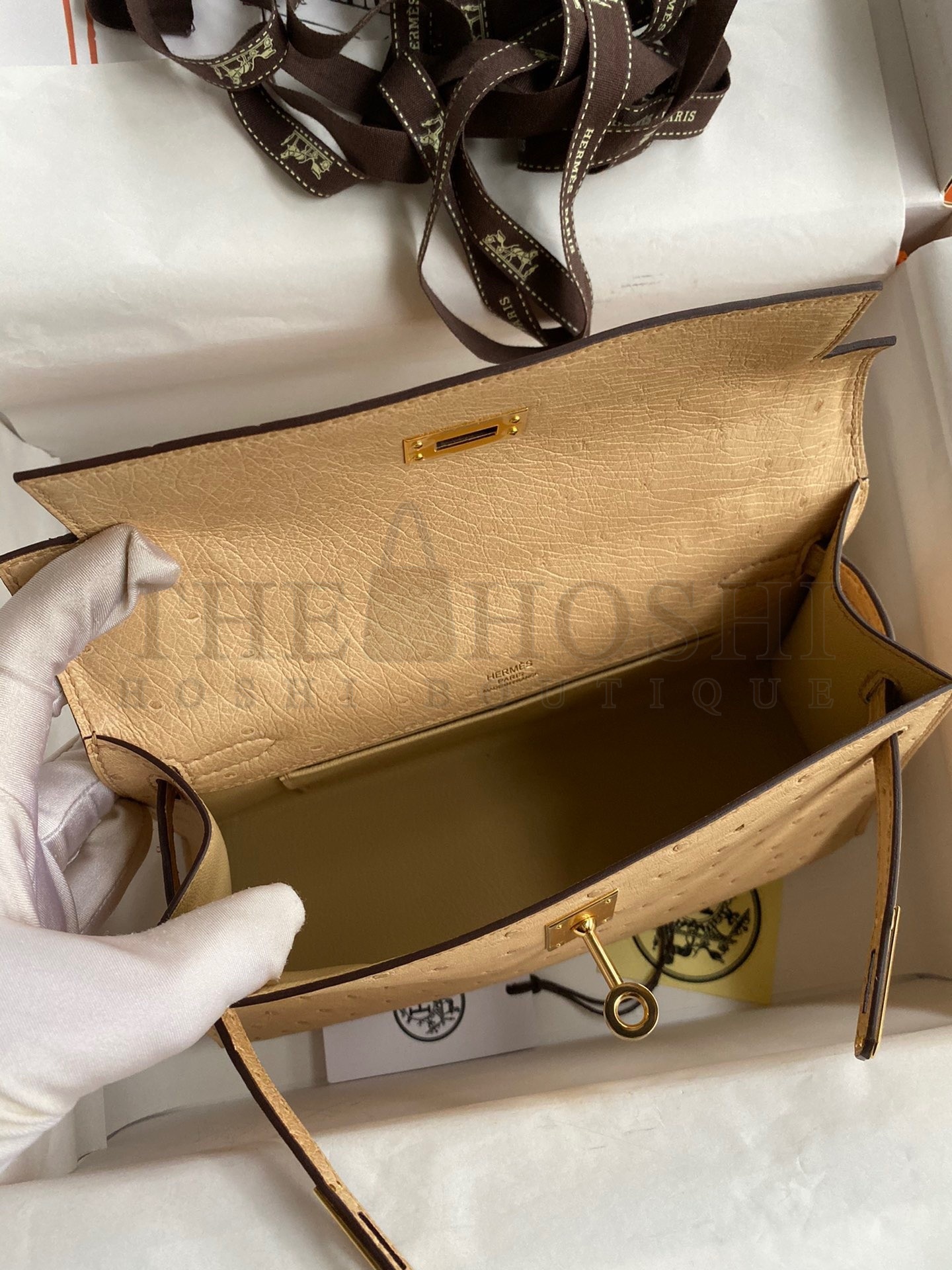 H**me5 Kelly Pochette Handmade Bag In Chai Ostrich Leather Master Quality