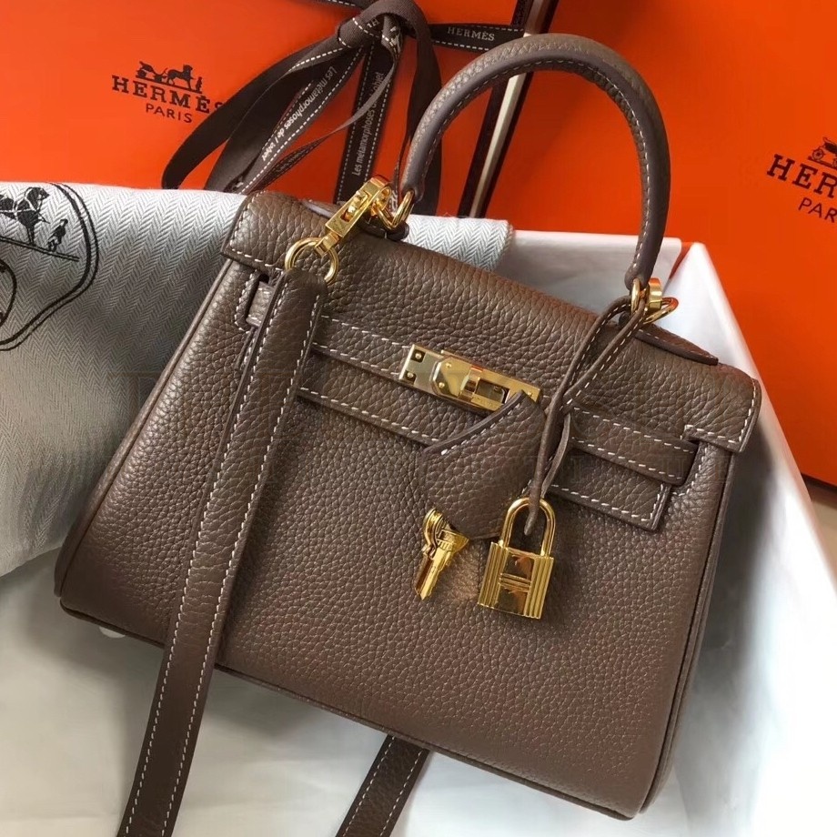 H**me5 Mini Kelly 20cm Bag In Taupe Clemence Leather Master Quality