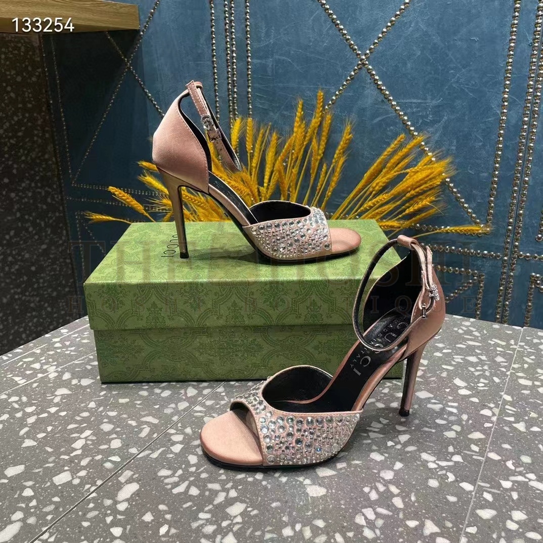 Gvc*1 Women G2 Mid-Heel Sandals Crystals Silver Satin 8 CM Heel Double G Master Quality